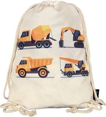 Produktbild von HECKBO Kinder Baumwolle Turnbeutel für Jungen Jungs | beidseitig mit 4 Fahrzeugen, Bagger bedruckt | für Kindergarten, Krippe, Reise, Sport | Rucksack, Spieltasche, Sportbeutel