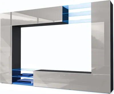 Produktbild von Vladon Wohnwand Mirage,  Germany, Anbauwand mit Rückwand mit 2 Türen, 2 Klappen und 6 offenen Glasablagen, Schwarz matt/Sandgrau Hochglanz, inkl. LED-Beleuchtung (262 x 183 x 39 cm)