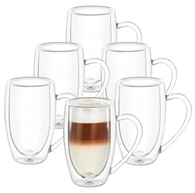Doppelwandige Thermogläser mit Henkel, 6er Set, 300 ml, Glas