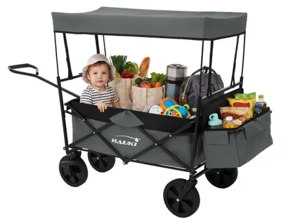 Zdjęcie produktu dla Składany wózek Hauki Bollerwagen z daszkiem, składany wózek ręczny dla dzieci, na plażę, piknik, kemping, do ogrodu, wózek transportowy w kolorze szarym, wózek z pojemnikiem i torbą