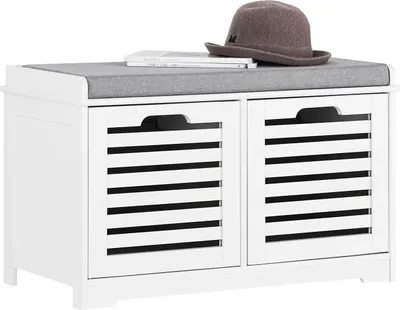 Image de FSR23-K, Armoire à chaussures avec banc, 2 paniers et coussin d'assise, blanc