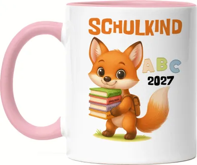 Produktbild von Schulkind 2027 Tasse Rosa Fuchs – Niedliche Geschenkidee Einschulung, Kinder-Tasse ABC Motiv Jungen Erstklässler