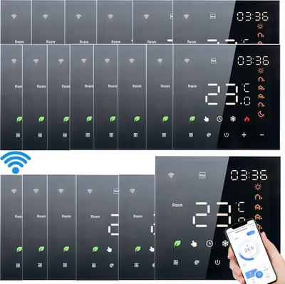 A collage of smart thermostat devices, some showing digital displays and others with a hand holding a smartphone displaying a thermostat app.