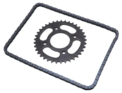 Image de Chaîne de 136 maillons 428 37 dents pour moto, avec pignon, pour minimotos, cyclomoteurs, scooters, pocket bikes, mini-quads et quads de 43 cm³ et 49 cm³ à 2 temps