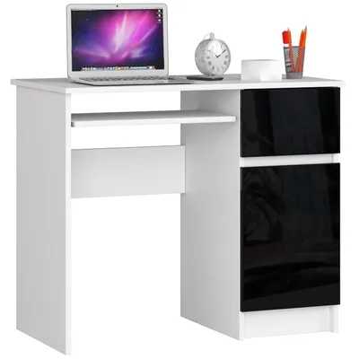 Produktbild von Computerschreibtisch – Schreibtisch – Bürotisch – PIKSEL – 90 cm – Weiß / Schwarz Hochglanz – Computertisch mit Schublade und Tür rechts