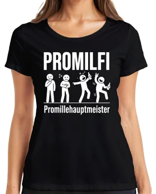 Immagine prodotto di PROMILFI - Maglietta da donna, colore nero, taglia XL, con scritta "Promillehauptmeister" (Campione di alcol), "Lustig Saufen" (Divertente bere), "Bier Party" (Festa della birra), "JGA" (Addio al celibato/nubilato), "Alkohol" (Alcol)