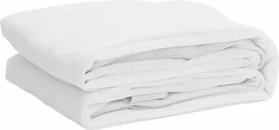 A folded white mattress protector is shown.