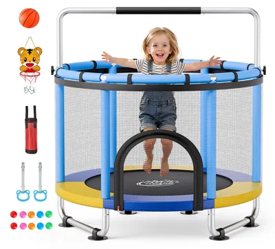 Zdjęcie produktu dla Trampolina dla dzieci - Mini trampolina ogrodowa 150 cm - Z uchwytem i siatką ochronną - Z koszem do koszykówki i piłką - Z workiem treningowym - Do użytku wewnątrz i na zewnątrz - Niebieska