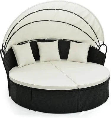 Produktbild von Sonneninsel Rattan mit Dach, Sonnenliege für 2 Personen, Gartenliege mit Sitz- und Rückenkissen, Lounge Möbel Outdoor, Liegeinsel für Garten, Terrasse