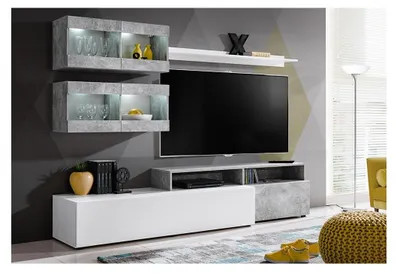 Produktbild von Wandkomposition SLITE schwebendes TV-Möbel in Weiß und Betongrau mit LED