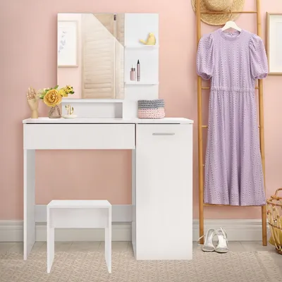 Obrázok produktu pre ML-Design toaletný stolík biely s taburetkou, toaletný stolík so zrkadlom a zásuvkou, 90x38x138 cm, biely, moderný, kozmetický stolík so spodnou skrinkou