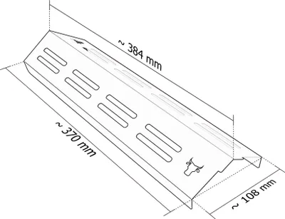 A diagram of a gas grill burner cover with dimensions indicated.