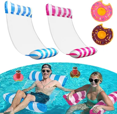 Produktbild von 2 Stück Luftmatratze Pool mit 2 Aufblasbares Getränkehalter, Luftmatratze Wasser, Gemütliches Wasserhängematte Erwachsene Kinder, Strapazierfähiges Luftmatratze mit Netz, Leicht zu Tragen