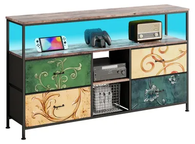 Immagine prodotto di Mobile TV - Arredamento scandinavo per TV - 4 cassetti - 3 vani a giorno - 108 x 29,8 x 76,8 cm - Tessuto, pannello truciolare E1 e metallo - Multicolore