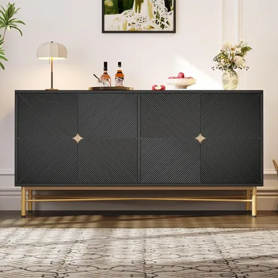 Produktbild von Sideboard mit Erhabener Textur und Goldene Gebürstete Griffe Schrank für Wohnzimmer 160×40×82cm Schwarz