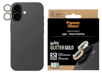 Produktbild von PanzerGlass ® Hoops® Kameraschutz Glitter Gold iPhone 17 | iPhone 16 | 16 Plus, Apple, Apple - iPhone 17, Apple - iPhone 16, Apple - iPhone 16 Plus, Trockene Anwendung, Kratzresistent, Schockresistent, Gold, 1 Stück(e)