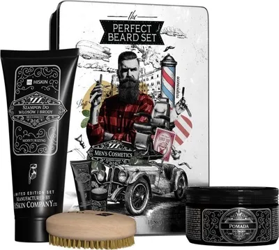 Zdjęcie produktu dla HiSkin The Perfect Beard Zestaw szczotka do brody + pomada do włosów i brody 100 g + nawilżający szampon do włosów i brody 200 ml