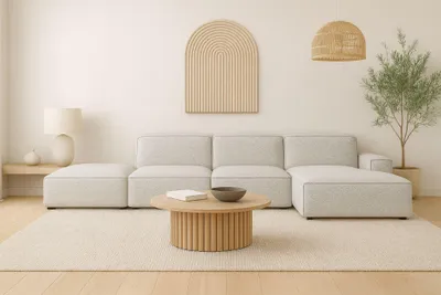 Image de Canapé d'angle Cursal en L, tissu Artico, Nata + pouf, droite