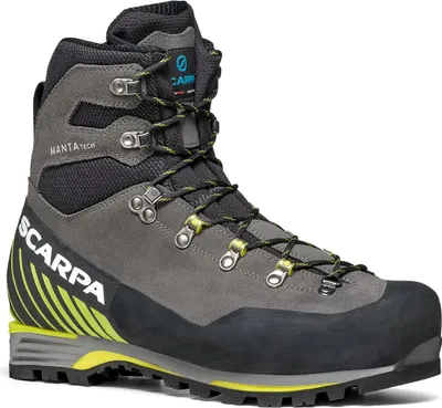 Bergstiefel Manta Tech GTX von Scarpa in Grau mit gelben Akzenten und Schnürung.