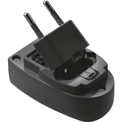 A black electrical adapter with prongs extended, shown from a diagonal angle.