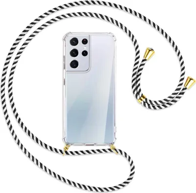 Produktbild von Handykette Backcover-Schutzhülle mit Band (Metall goldfarben) für Samsung Galaxy S21 Ultra 5G - schwarz/weiß gestreift