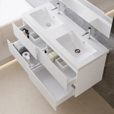 Produktbild von Waschtisch mit Unterschrank 120cm Alast Badmöbel Set Weiß Waschbecken mit Unterschrank MDF Softclose