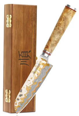 Santoku-Messer 120 mm, Kupfer-Damaststahl, handgefertigt, Walnussholz