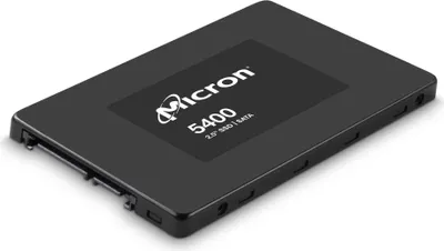 A black Micron 5400 PRO 240GB SATA 2.5 SSD is shown from a diagonal angle on a white background.