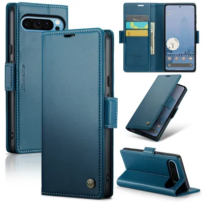 A collage of images showing a blue leather phone case for a Google Pixel phone from multiple angles, including open and closed views, and a close-up of the card slots.