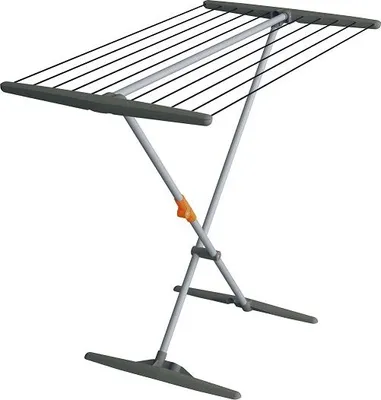 A freestanding clothes drying rack.