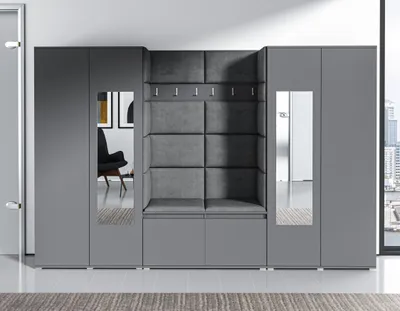 A modern hallway furniture set with integrated seating and storage.