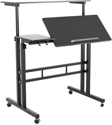 Produktbild von Fahrbarer Stehschreibtisch – Höhenverstellbarer Computertisch mit Rollen & Neigbarer Ablage – Schwarz
