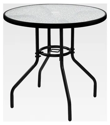 Produktbild von Ø70 cm Gartentisch Bistrotisch rund Glastisch, pflegeleichter Balkontisch mit Schirmloch & Glasplatte, Terrassentisch Kaffeetisch aus Metall für Garten/Balkon/Terrasse, Schwarz