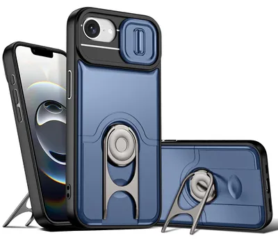 Image de Coque pour iPhone 16e / iPhone 17e avec protection pour l'appareil photo et anneau de fixation/support, coque hybride résistante aux chocs, bleue