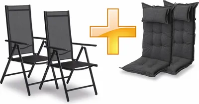 Two black garden chairs and two gray chair cushions are shown with a plus sign in between.