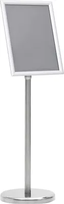 A silver A4 poster stand with a round base.