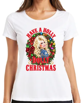 Zdjęcie produktu dla Koszulka damska "Have A Holly Dolly Christmas" w stylu country, kolor biały, rozmiar L