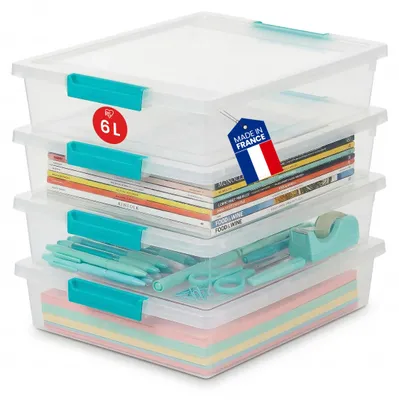 Aufbewahrungsboxen 6 l, 4er-Set, türkis, stapelbar, transparent