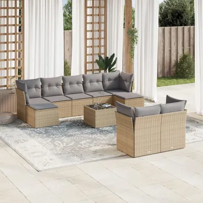 Produktbild von Design 10-tlg. Garten-Sofagarnitur mit Kissen Beige Poly Rattan, Gartenmöbel-Sets 2024 Neu