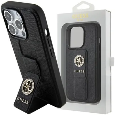 Produktbild von Guess Grip Stand 4G Saffiano Strass Hülle für iPhone 15 Pro Max - Schwarz Handyhülle