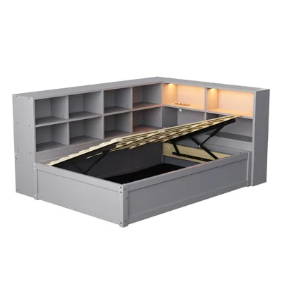 Produktbild von Schlafsofa,mit Mehrfachsteckdose und mehreren Staufächern,mit Lichtleiste,hydraulisches Bett,Massivholzbett,Einzelbett,multifunktionales Holzbett