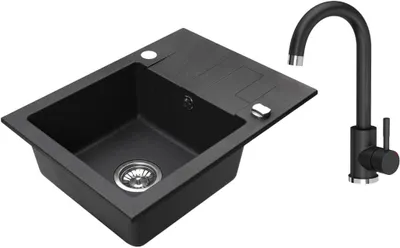 A black granite kitchen sink and a black faucet are shown against a white background.