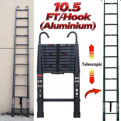 Imagen del producto de Escalera telescópica - Escalera extensible - 3,2 metros - Plegable - Ganchos desmontables - Aluminio - Negra