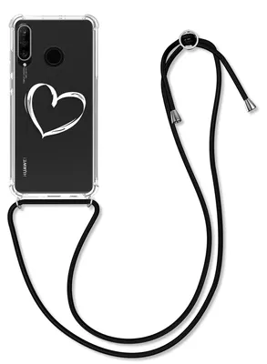 Produktbild von kwmobile Necklace Case kompatibel mit Huawei P30 Lite Hülle - Silikon Cover mit Handykette - Weiß Transparent Herz Brush