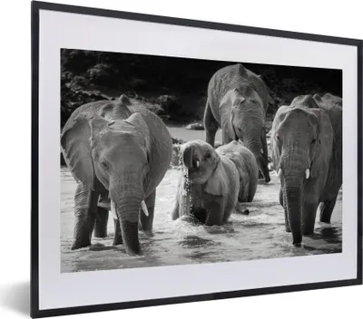 Produktbild von MuchoWow® MuchoWow® Gerahmtes Poster Elefant - Tiere - Wasser - Schwarz und weiß 60x40 cm - Poster mit zchwarzem Bilderrahmen - Schlafzimmer - Plakat in Rahmen - Drucken