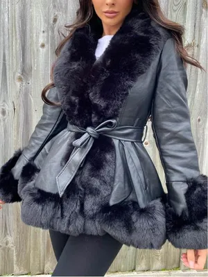 Produktbild von Damen Felljacke mit Gürtel Taillierte Winterjacke schwarz Kunstlederjacke Fellkragen Mit Kunstfell elegante Warme Jacke