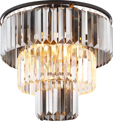 A close-up, studio shot of a multi-tiered crystal chandelier.