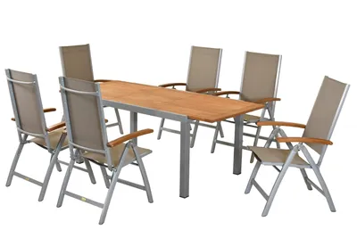 Obrázek produktu pro Sada zahradního nábytku Merxx Naxos 7 ks, 6 skládacích křesel, 1 rozkládací stůl 150 (200) x 90 cm – hliník/textil/akácie