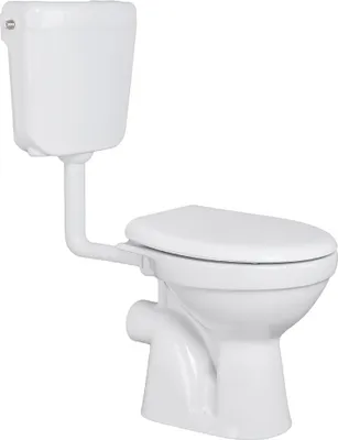 A white toilet with a cistern and a pipe connecting them, shown against a white background.