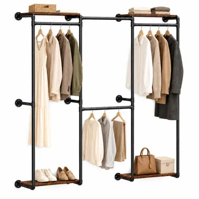 Produktbild von WISFOR Schwerlast Kleiderstange Garderobenstange mit 2 Ablagen, Industrie Garderobenständer Wandmontage, Garderobe für begehbaren Kleiderschrank